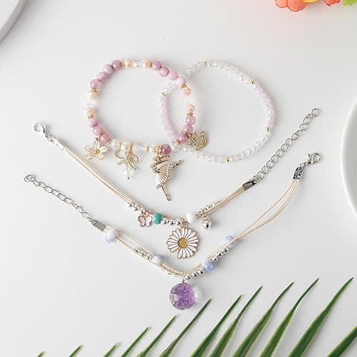 DS 4PCS Beaded Charm Bracelets for Teen Girls Dainty cute cartoon Crystal Beads Pearl Bracelets anklets set for woman and girls Adjustable Stretch bracelet birthday Gift For Friends thumbnail 2
