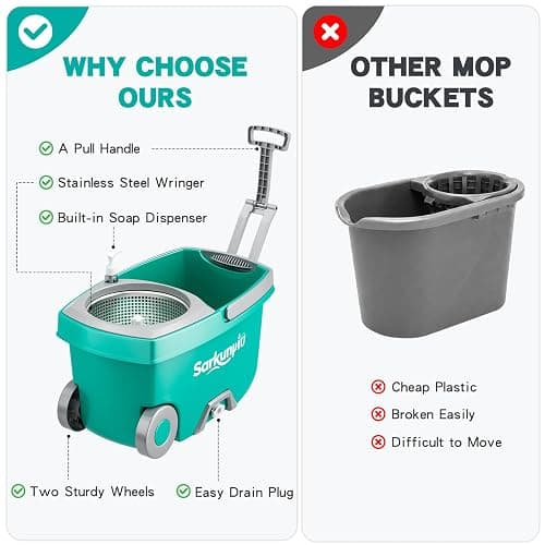 Sarkunpio Mop and Bucket Set with Wringer, Spin Mop Floor Cleaning System with 6 Replacement Microfiber Heads & 61" Extra-Long Handle for Home Floor, Blue thumbnail 5