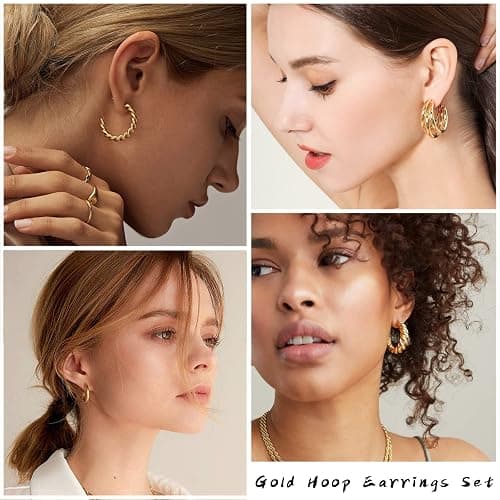 IFKM 24 Pairs Gold Hoop Earrings Set for Women Hypoallergenic Chunky Chain Twisted Open Hoops Dangle Earring Packs for Birthday Party Christmas Fashion Jewelry Gift thumbnail 3