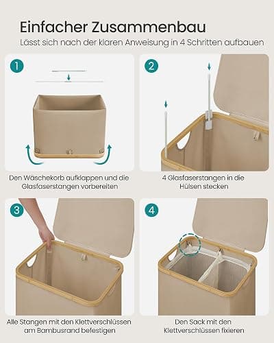 SONGMICS Wäschekorb mit Deckel, Wäschesammler mit 2 Fächern, 130 L, herausnehmbarer Wäschesack, Oxford-Gewebe, Griffe aus Bambus, zusammenklappbar, 52 x 38,5 x 70,5 cm, kamelbraun LCB513LJ01 thumbnail 8
