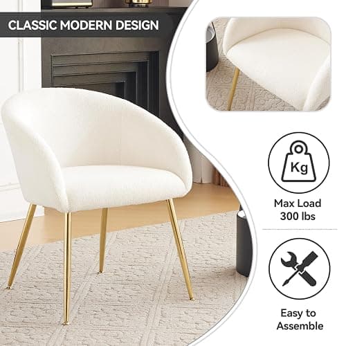 gusohey Modern Vanity Chair, Living Room Chair with Metal Legs,Teddy Fabric Dining Chair, Comfy Accent Chair for Makeup Room, Waiting Room, Dressing Room, Bedroom, Dining Room, Home Office (1, White) thumbnail 6