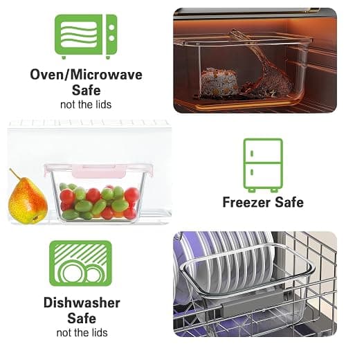 HOMBERKING 4 Pieces 63oz/8cup Large Glass Food Storage Containers with Lids, Meal Prep Containers, Airtight Bento Boxes with Leak Proof Locking (2 Containers + 2 Lids), Microwave, Oven Safe-Pink thumbnail 4