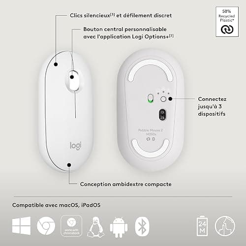 Logitech Pebble Mouse 2 M350s fine sans fil Bluetooth | Portable, légère, boutons personnalisables, clics discrets, Easy-Switch Windows/macOS/iPadOS/Android/ChromeOS - Blanc thumbnail 7