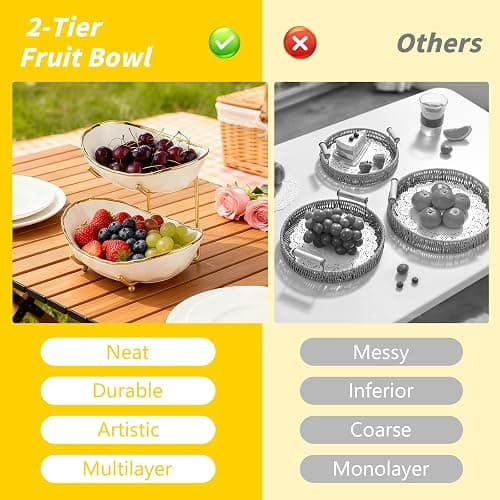 jessie 2 Tier Ceramic Fruit Bowl for Kitchen Counter with Metal Rack, Fruit Basket with Stand, Porcelain Bowls for Vegetable Bread Candy Snack Nuts Dessert Cake Tray (Gold 2 layer) thumbnail 5
