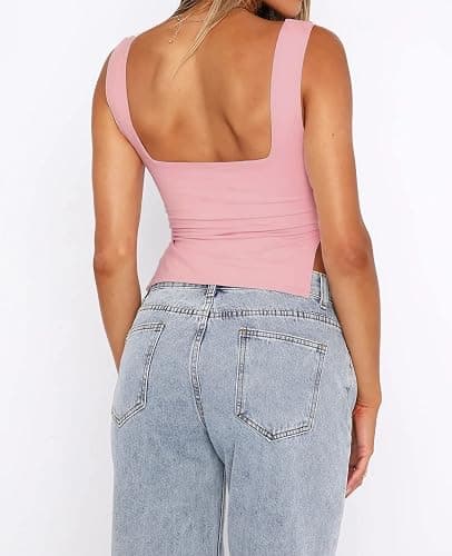 ForeFair Women Sleeveless Backless Crop Tank Top Summer Going Out Outfits Cute Pleated Sweetheart Neck Strappy Y2K Slits Tops thumbnail 4