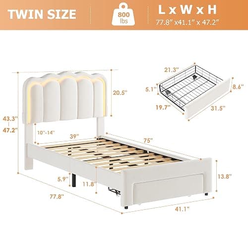 Twin Upholstered LED Bed Frame with Storage Drawer and Adjustable Chic Double Wavy Headboard, Velvet Princess Platform Bed for Kids/Girls, Solid Wood Slats Support, No Box Spring Needed, Beige thumbnail 2