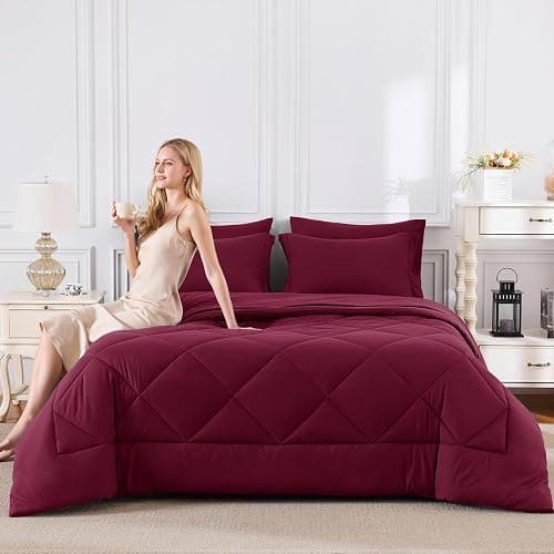 CozyLux Queen Comforter Set Burgundy - Bed in a Bag Queen Size 7 Pieces, Luxury Soft Bed Set for All Seasons, Bedding Set with Down Alternative Comforter, Sheets, Pillowcases & Shams, Red thumbnail 7