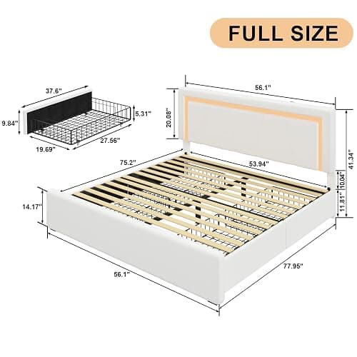 Benevika Full Bed Frame with 4 Storage Drawers and Adjustable Headboard, Upholstered Platform Bed with LED Lights and USB Ports, Solid Wooden Slats Support, Faux Leather, Easy Assembly, Beige thumbnail 2