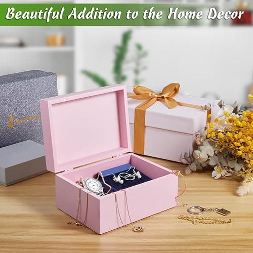 DRASTAR Wooden Box, Small Keepsake Box, Memory Box for Keepsakes, Cute Jewelry Box, Wedding Memory Box with Lids, Pink Decorative Box thumbnail 5