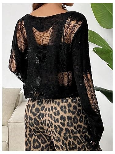 SHENHE Women's See Through Ripped Sweater Gothic Grunge Y2k Crew Neck Crop Sweater Pullover thumbnail 2
