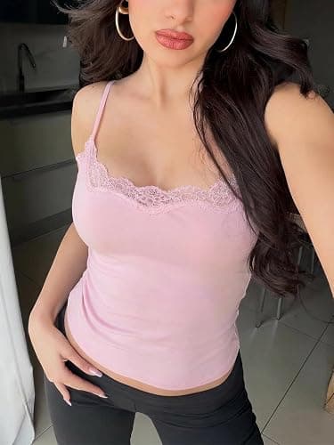 Xuiqx Womens Sexy Lace Cami Top Double Lined Spaghetti Strap Club Party Going Out Y2K Crop Tank Tops thumbnail 6