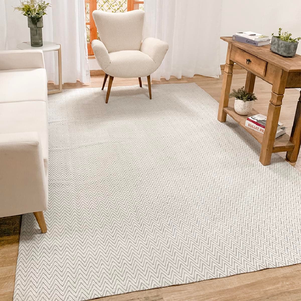 Tapete Grande 2x3m para Sala Quarto Cru e Cinza Neutro 100% Algodão Base Antiderrapante Minimalista Rústico Chic Moderno Sem Pelo Fácil de Limpar Lavável (Cinza) - Image 1