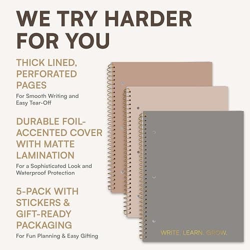 Decorably 5-Pack 140 Pages Gold Foiled Spiral Note Books College Ruled with Stickers, 8x10.5in Spiral Bound Cute College Ruled Notebook, 3-Hole Punched, Easy Tear-Off Perforated Pages - Work, School thumbnail 2