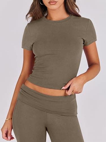 ANRABESS Lounge Sets for Women 2 Piece Foldover Yoga Flare Leggings Pants Crop Tops Casual Y2K Outfits Matching Tracksuit Set - X-Small - Coffee Grey thumbnail 5