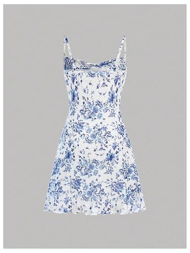 Floerns Girl's Floral Print Spaghetti Strap Sundress Square Neck Ruched Cami Dress thumbnail 2
