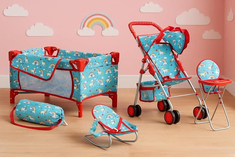 Fash n kolor® 4 Piece Doll Play Set, Doll Accessories Gift, Toy Set -Unicorn Design Includes, Doll Foldable Bed, Doll Stroller, Doll High Chair and Doll Seat, Dolls Gift Set (4 Piece Set) thumbnail 5