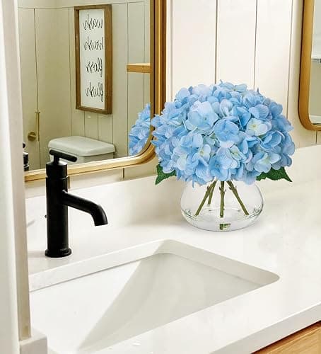 Hollyone Hydrangea Artificial Flowers with Vase Blue Silk Fake Flowers Arrangements in Glass Vase with Faux Water Faux Floral Bulk Bouquet for Home Decor Bathroom Table Centerpiece Shelf Decorations thumbnail 2