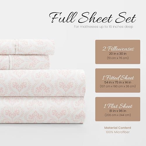 Linen Market Double-Brushed Patterned Microfiber Full Sheet Set 4 Piece – Oeko-TEX Certified Ultra Soft & Wrinkle-Free - 16" Deep Pocket Sheets - Easy Care Full Size - Classic in Pink - Classic in Pink - Full thumbnail 2