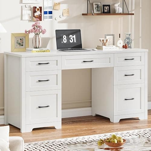 BonVache Executive Desk with 7 Drawers, Cream White | Farmhouse 61'' Rustic Office Desk Computer Table with File Drawers, Wood Workstation for Home Office and Study thumbnail 6