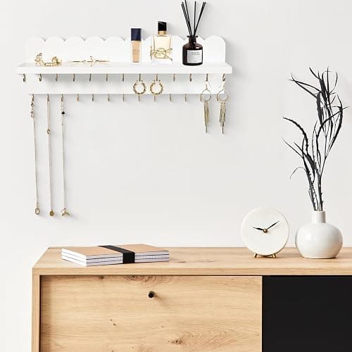 Lampaggio Wall Mount Jewelry Organizer with 26 Hooks and Cosmetics Shelf, Modern Wood Hanging Jewelry Holder for Necklaces, Bracelets, Earrings and Rings, White thumbnail 5