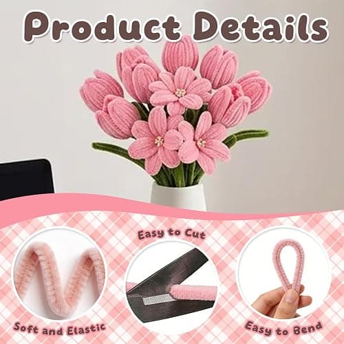 houlishu 400 Pcs Pipe Cleaners Craft Kit - 300 Pink 100 Green Chenille Stems with Floral Wires Stamens Ribbon Adhesive Tapes for DIY Flower Making thumbnail 3