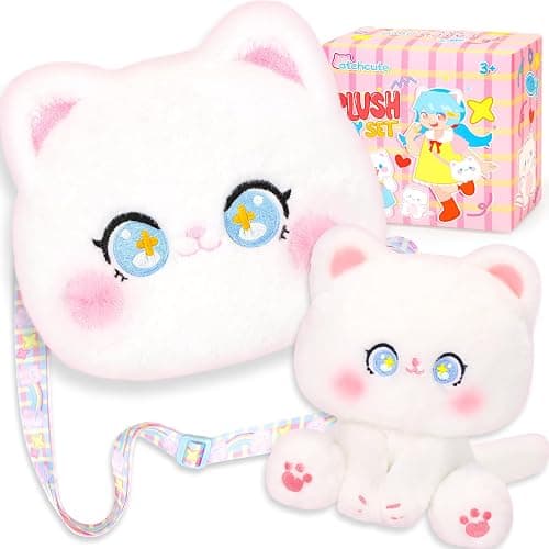 CatchCute Cat Plush Toys and Purse Set for Kids,Cat Stuffed Toy Kids with Cute Zipper Crossbody Bag, Soft Stuffed Cat Toys Set Birthday Party Favors for Toddlers Kids - Image 1