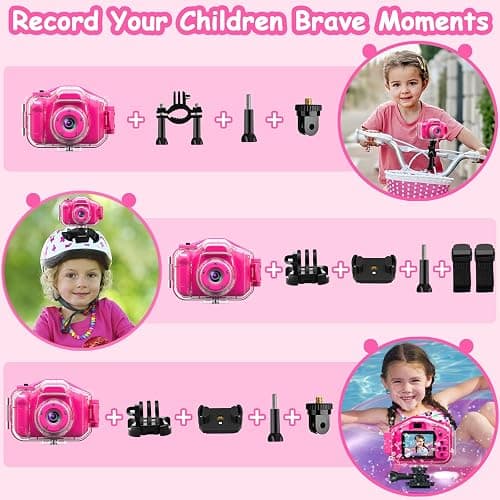 Agoigo Kids Waterproof Camera - Children Underwater HD Video Digital Camcorder, Portable Travel Toy for Toddler - Ideal Christmas Birthday Gifts for Boys Girls Age 3-12 with 32GB Card (Rose Red) thumbnail 6