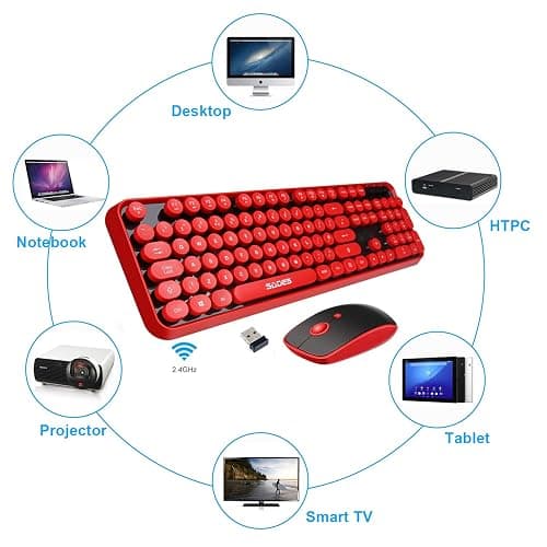 Wireless Keyboard Mouse Combo, 2.4GHz Wireless Typewriter Keyboard with 104 Cute Retro Round Keys, Letton Full Size Keyboard and Mouse with 3 DPI for Computer Mac PC Laptop-Black/Red thumbnail 3