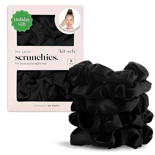 Kitsch Scrunchies Di Raso Per Capelli Per Le Donne - Più Morbido Di Seta Scrunchies | Scrunchies Di Raso Per Le Ragazze | Legami Di Capelli Di Raso Per Le Donne | Coda Di Cavallo, 5 Pezzi (Nero) - Image 1