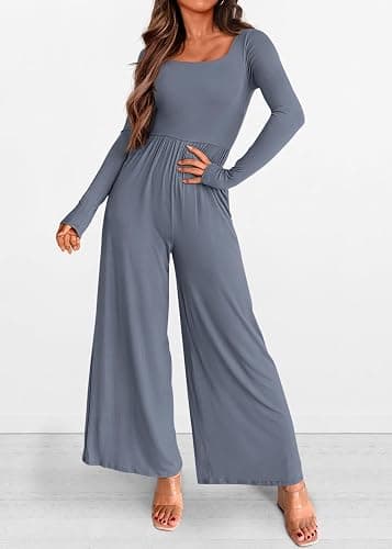 KIRUNDO Long Sleeve Jumpsuit for Women 2026 Spring Summer Airport Travel Outfits One Piece Square Neck Wide Leg Pants Romper thumbnail 5