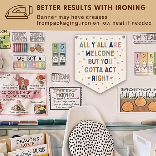 Lacama All Y'all Are Welcome But You Gotta Act Right Banner Boho Classroom Decor，Pastel Classroom Decor, Retro Wall Hanging Banner for Boys Girls Kids Room Playroom Bedroom College Dorm 12X14in thumbnail 5