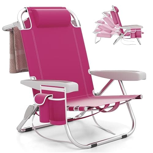 Giantex Beach Chair, Foldable Backpack Chair with 5 Adjustable Position, Cup Holder, Storage Pockets, Straps, Towel Rack, Pillow, 330lbs Aluminum Lay Flat Chairs for Outdoor Camping, Pink - Image 1