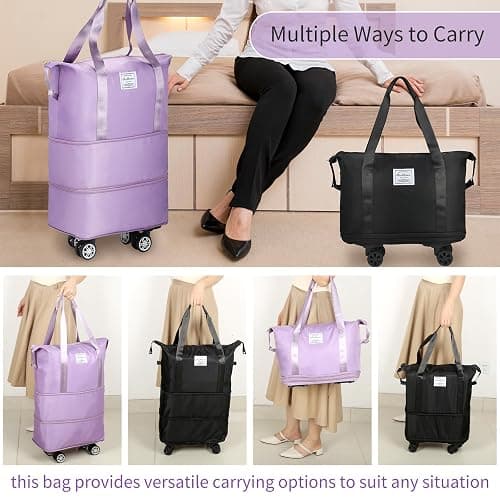 VOOWO Rolling Duffle Bag with Wheels, Expandable Foldable Duffle Bag for Travel, Rolling Under Seat Luggage Carry on Duffel Bags, Wheeled Travel Duffel Weekend Bags, Capacity 18L to 40L (Black) thumbnail 7