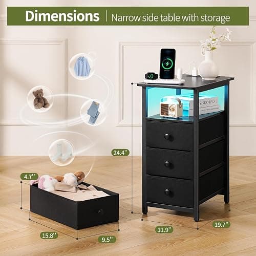 Yoobure End Table with Charging Station, LED Narrow Side Table Bedside Table, Small Night Stand End Tables Living Room, Skinny Nightstand with 3 Fabric Drawers, Side Tables Bedroom for Small Spaces thumbnail 2