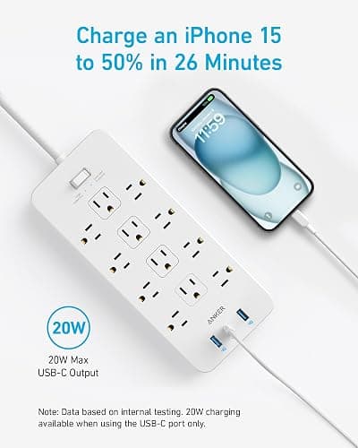 Anker Power Strip with 3 USB Ports, Surge Protector (2100J-5ft), 12 Outlets with 2 USB-A Ports and 1 USB-C Port,Flat Plug, Works with iPhone 16/16 Plus/16 Pro/16 Pro Max,for Home,Office, TUV Listed thumbnail 7