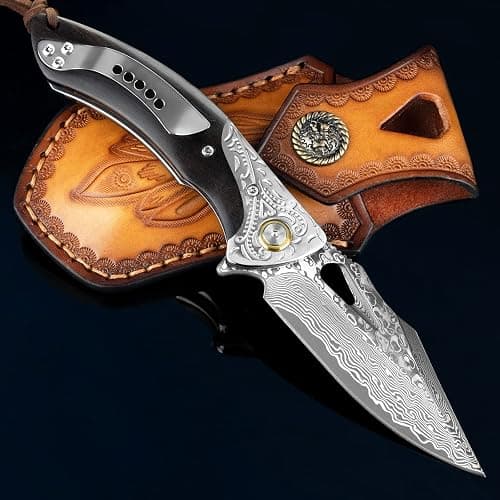 NedFoss GRIFFIN Damascus Pocket Knife for Men, 3.5" Handmade Forged VG10 Damascus Steel Blade Folding Knife with Retro Leather Sheath, Sandalwood Handle, Pocket Clip, Excellent Gifts for Men thumbnail 5