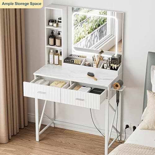 SONGXIN Vanity Desk with Mirror and Lights 3 Colors, Makeup Vanity with 2 Drawers and Storage Shelves, White Vanity Table with Power Outlet, Hair Dryer Holder, Makeup Desk for Bedroom thumbnail 7