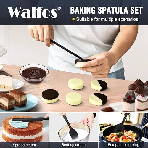 Walfos Silicone Spatula Set of 8(600°F）- Heat Resistant Kitchen Silicone Scraper Spatulas & Mini Spatulas, One-Piece Seamless Design, Perfect for Cooking Mixing & for Non-stick Cookware,black thumbnail 3