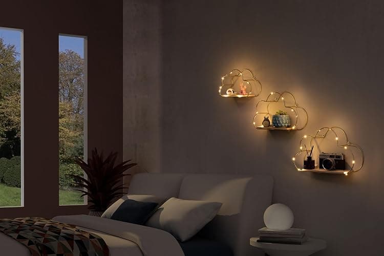 Niemro - Golden Cloud Shape Floating Shelves with LED Lights Wall Decor,Gold Metal Wire and Wood Base Wall Mounted Shelf Decorations for Home Bedroom Living Room - Set of 3 thumbnail 6