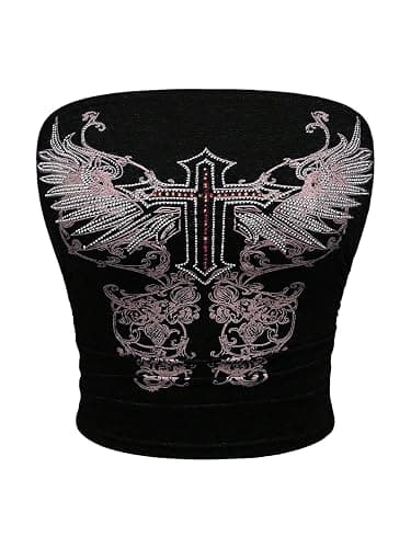 WDIRARA Women's Gothic Graphic Rhinestone Tube Top Strapless Grunge Punk Bandeau Crop Tops - Image 1