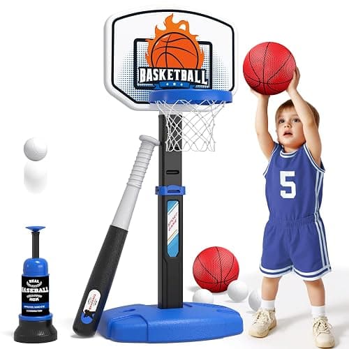 Wee Wonders 2 in 1 Toddler Basketball Hoop and T Ball Set with Automatic Pitching Machine - Adjustable Height, Kids Basketball Hoop Suit for Indoor/Outdoor, Sport Toys Gifts for Boys Age 3-5, Black - Image 1