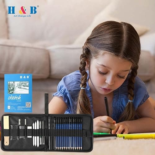H & B 33pcs Sketch Pencils Set Artists Drawing Kit in Pencil case with Pencil Sharpener Art Supplies for Student Painter Beginner thumbnail 4