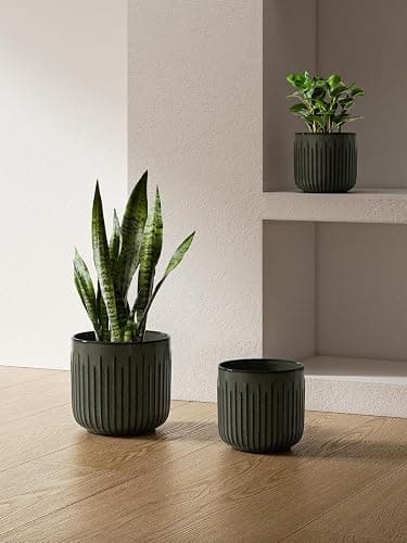 LE TAUCI Fluted Ceramic Planters Set of 3 – 8.3 / 7 / 5.7 in Dark Olive Reactive Cylinder Indoor Plant Pots with Drainage Plug & Mesh, Glossy Stoneware Flower Pots for Succulents Herbs - Reactive Glaze Dark Olive thumbnail 2