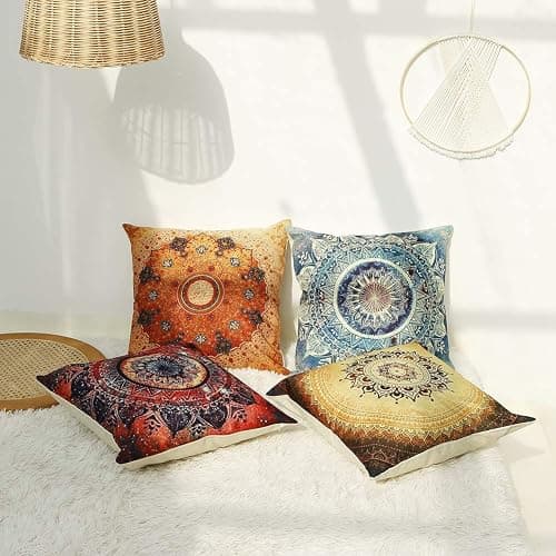 Jartinle Set of 4 Retro Floral Mandala Compass Medallion Bohemian Pillow Covers Boho Decor Hippie Throw Pillows Decorative for Sofa Couch 18 x 18 thumbnail 2