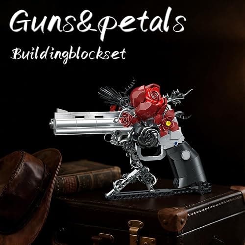 GHQYTPR Guns & Petals Decorative Revolver Building Blocks with Red Roses Gothic Rose Revolver Building Kit Gothic Style Display Piece Creative Gift for Adults Teens 631 PCS thumbnail 4