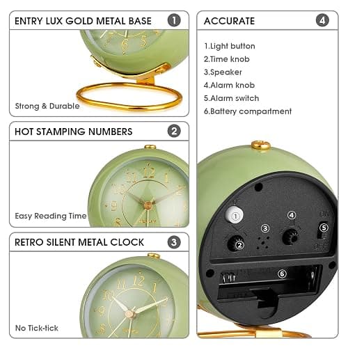 rjuwurv Metal Desk Clock, Retro Bedroom Table Vintage Analog Alarm Clock, Silent Non-Ticking Gold Clock, Bedside Décor(Olive-Green) thumbnail 3