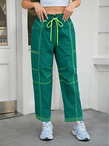 Fisoew Womens Wide Leg Cargo Pants Elastic Waist Water Resistant Contrast Stitch Loose Hiking Joggers with Pockets thumbnail 2