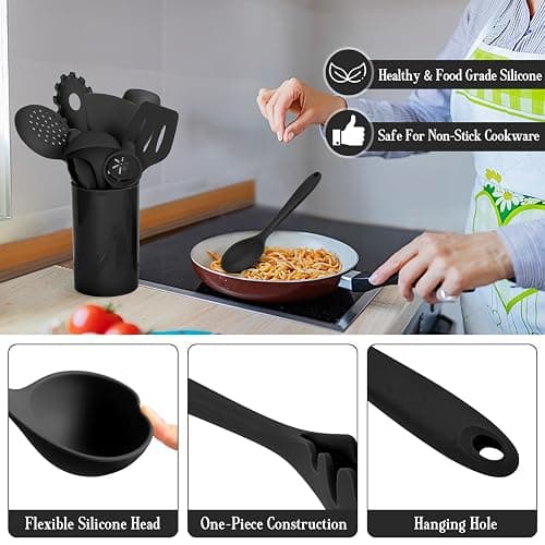 Onader Black Kitchen Utensils Set, 24 Pcs Silicone Cooking Utensils with 10 Hooks, Heat Proof Kitchen Tools Include Spatula Spoon Turner Tong for Non-Stick Cookware thumbnail 3