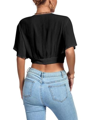 LYANER Women's Deep V Neck Tie Front Knot Wrap Ruffle Short Sleeeve Crop Top Blouse thumbnail 2