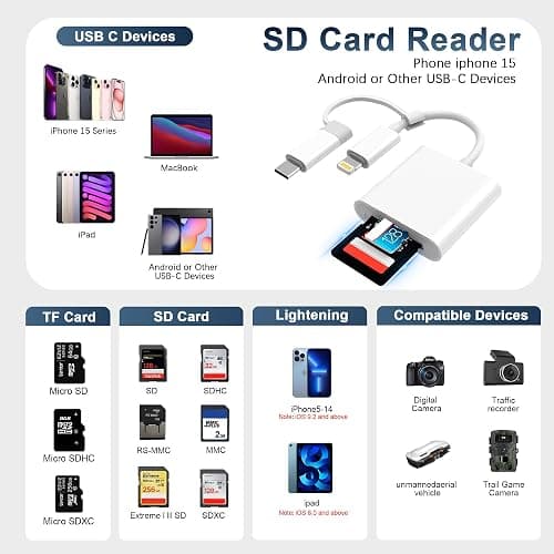 SD Card Reader for iPhone iPad, Dual Connector (Lightning&USB-C) Memory SD Card Adapter, Support SD/MicroSD Cards, High-Speed Digital Trail Camera to iPhone Viewer, Plug and Play thumbnail 2